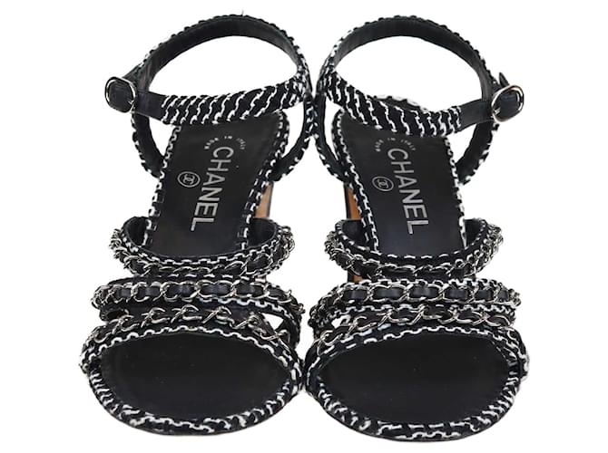 Chanel Black Chain Detail Ankle Strap Sandals Leather  ref.1370904