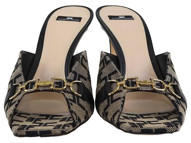 Elisabetta Franchi Brown/Black Monogram Slider Sandals Cloth  ref.1370910