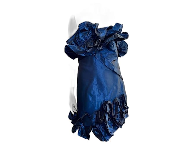 Marchesa Asymmetrisches trägerloses Korsett-Kleid mit Rüschen Blau  ref.1370955