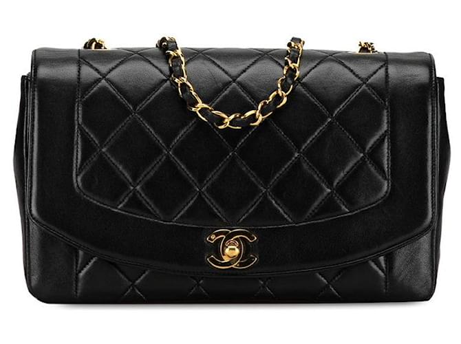 Chanel Matelasse Diana 25 Chain Shoulder Bag Black Lambskin in Very Good Condition Leather  ref.1370987