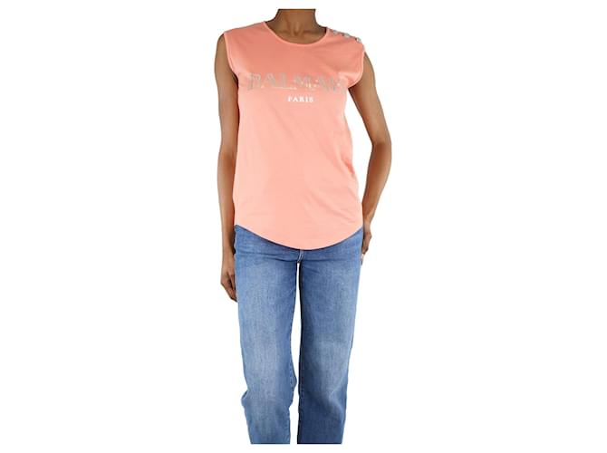 Balmain Rosa T-Shirt mit Knopfleiste und Aufdruck – Größe UK 6 Pink Baumwolle  ref.1371145