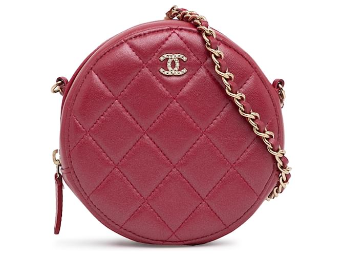 Chanel Red Quilted Lambskin Round Pearl Clutch with Chain Leather  ref.1371936