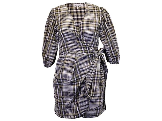 Ganni Wrap Mini Dress in Plaid Brown Cotton  ref.1372003