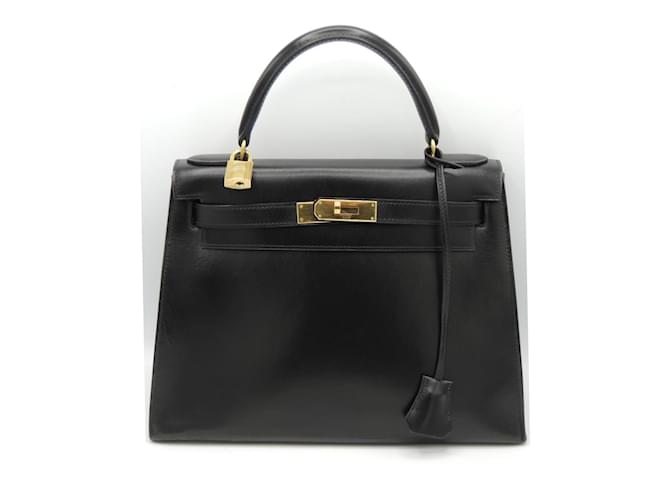Hermès HERMES KELLY 28 SELLIER BOX BAG IN BLACK, EXCELLENT CONDITION AND COMPLETE Golden Leather  ref.1372177