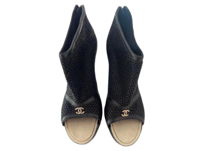 Chanel Black Perforated Leather Open Toe Pumps