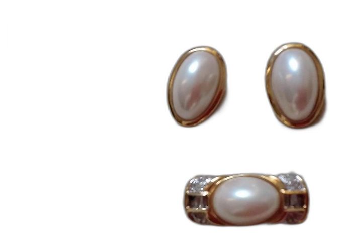 Autre Marque Set Vogue Spilla e Orecchini Placcati Oro con Cristalli e Perle di Mabe D'oro