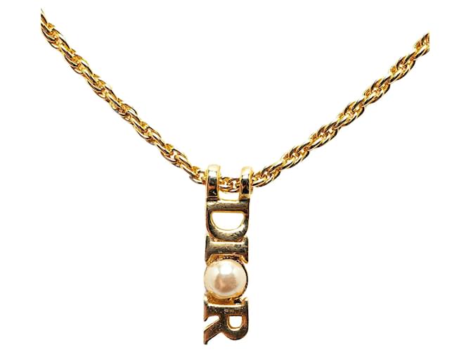 Dior Gold Logo Faux Pearl Pendant Necklace Golden Metal Gold-plated  ref.1372347