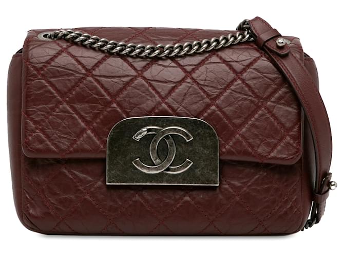 Chanel Red Aged Calfskin CC Square Flap Dark red Leather Pony-style calfskin  ref.1372374