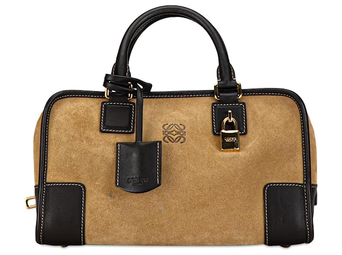LOEWE Brown Suede Amazona 28 Handbag Beige Leather  ref.1372393