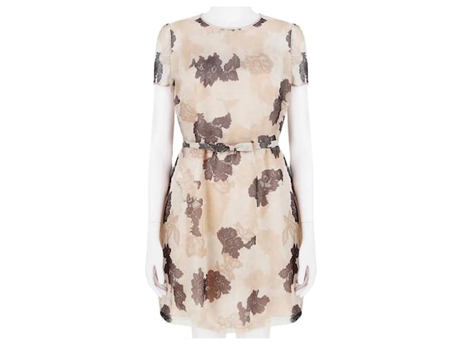 Valentino Garavani Valentino Blush Cocoa Floral Lace-Print Silk Organza Summer Tea Dress Brown  ref.1372568