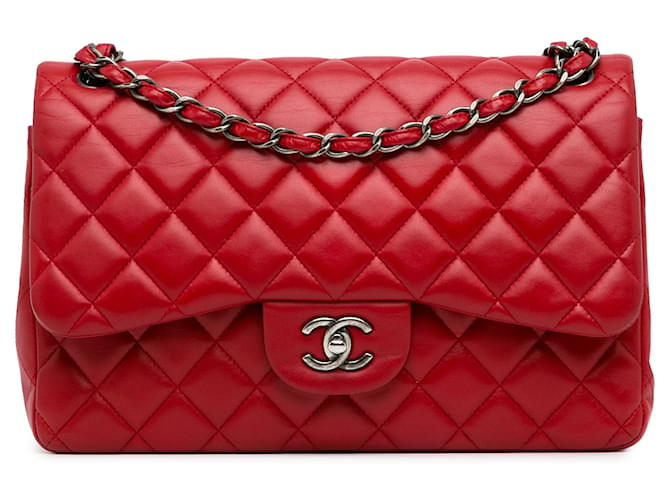 Chanel Red Jumbo Classic Aba forrada de pele de cordeiro Vermelho Couro  ref.1372829