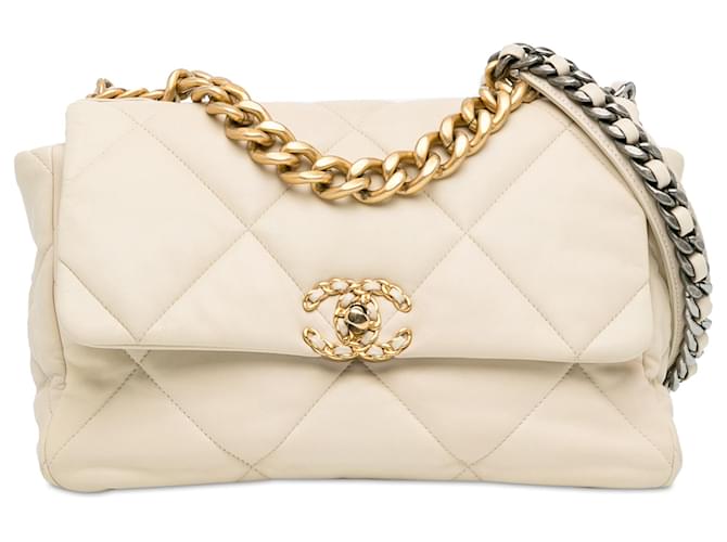 Chanel Branco Grande Pele de Cordeiro 19 Aba Cru Couro  ref.1372853