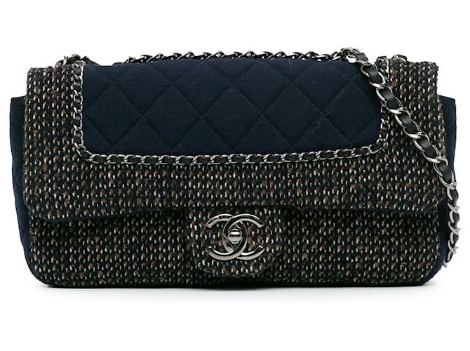 Chanel Aba Pequena Jersey Tweed Azul Azul marinho Pano  ref.1372854