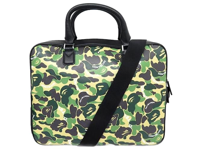 NEUF SACOCHE MONTBLANC X BAPE 125347 PORTE DOCUMENTS CUIR CAMOUFLAGE BRIEFCASE Vert  ref.1372955