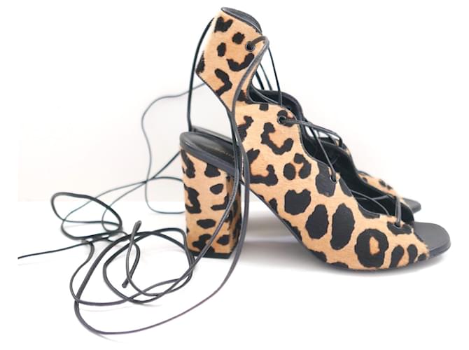 Saint Laurent leopard print calf hair lace-up sandals Brown Pony-style calfskin  ref.1372978