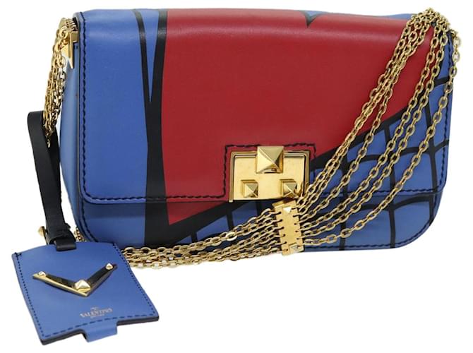 VALENTINO Sac Bandoulière Chaîne Cuir Bleu Rouge Auth 73198A  ref.1372991