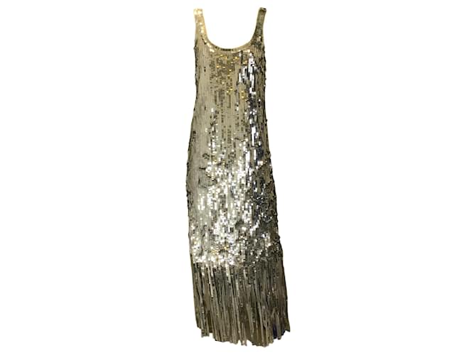 Autre Marque Simkhai Silver Ayala Sequin Fringe Gown / Dress Silvery Synthetic  ref.1374422