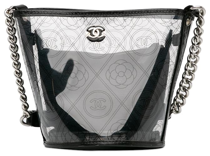 Chanel Black Crumpled Calfskin PVC Camellia Bucket Plastic  ref.1375009