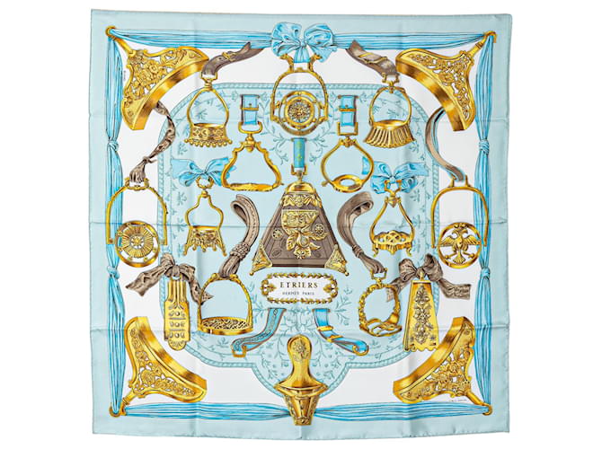 Hermès Pañuelo Hermes Etriers Seda Azul Azul claro Paño  ref.1375021