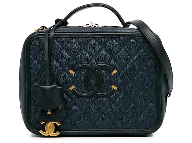 Chanel Blue Large Caviar CC Filigree Vanity Case Navy blue Leather  ref.1375035