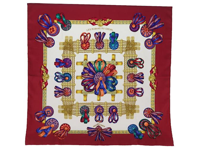 Hermès HERMES Carre 90 Scarf ""LES RUBANS DU CHEVAL"" Silk Red Auth am6113  ref.1375210