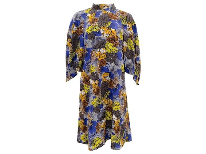 Autre Marque Vestido Prada Silk Azul Multi Floral Estampado com Gravata nas Costas no Pescoço Multicor Seda  ref.1375674