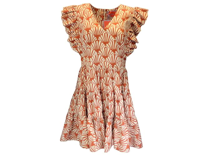 Autre Marque La DoubleJ Orange / Ivory Ventaglio Print Cotton Poplin Honeybun Dress  ref.1375682