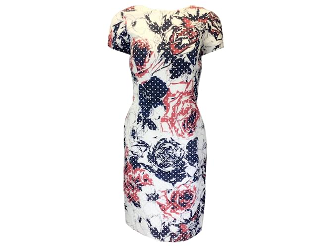 Autre Marque Carolina Herrera White / Red / Blue Floral Printed Short Sleeved Dress Multiple colors Polyester  ref.1375684