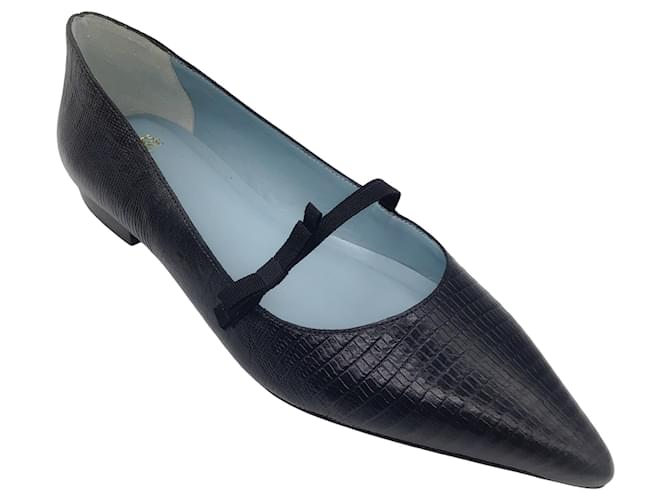 Autre Marque Frances Valentine Black Embossed Pointed Toe Mary Jane Leather Flats Exotic leather  ref.1375685