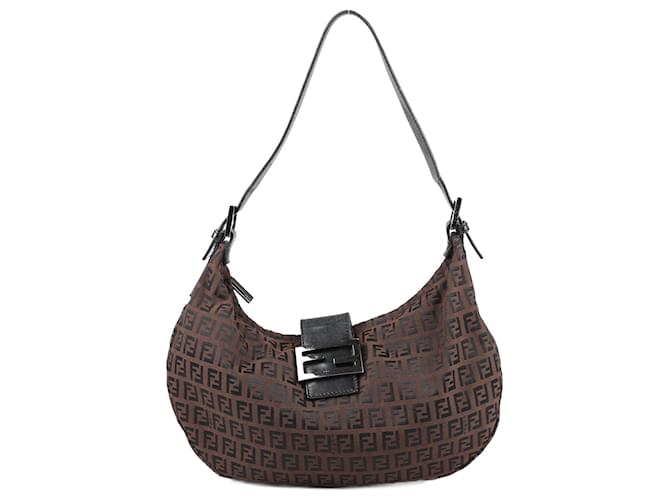 FENDI Zucchino Canvas & Leather Shoulder Bag in Brown  ref.1375703