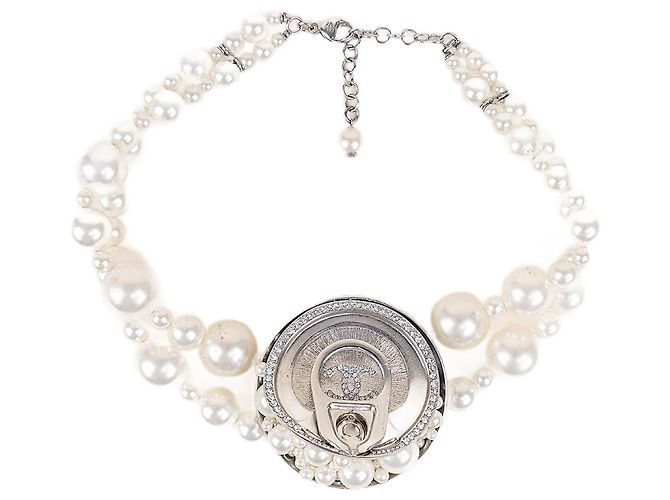 Chanel Gargantilla de lata de sopa de cristal y perlas artificiales Blanco