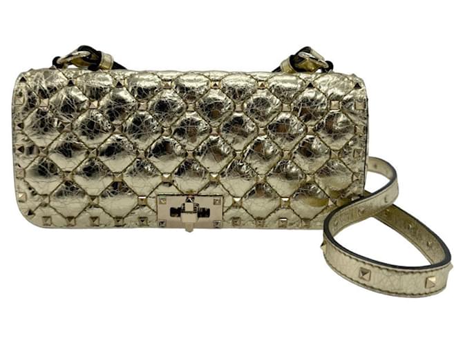 Valentino Garavani Rockstud Spike Dourado Couro  ref.1375978