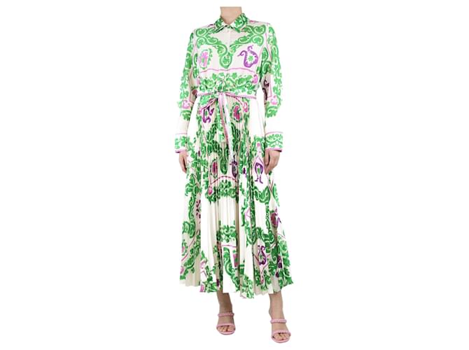 Autre Marque Cream and green satin printed midi dress with pleats - size M Polyester  ref.1376075