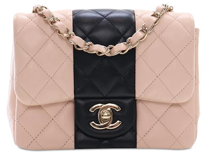 Chanel Rosa Mini Quadrado Bicolor Clássico Aba Única em Pele de Cordeiro Couro  ref.1376203