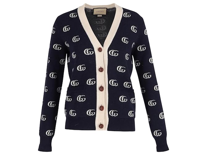 Gucci Double G Cardigan In Blue Jacquard Wool   ref.1376276