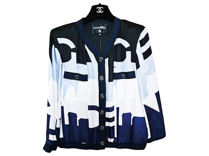 Chaqueta chanel 2020 Negro Blanco Azul Seda  ref.1376368