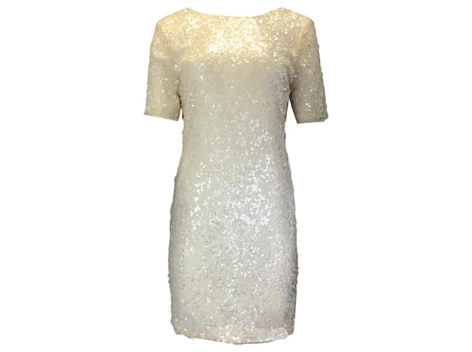 Autre Marque Galvan London Ivory / Gold Metallic Sequined Short Sleeved Dress Cream Polyester  ref.1376717