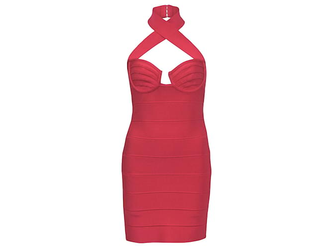 Herve Leger – Figurbetontes Neckholder-Kleid aus rotem Polyester  ref.1376747