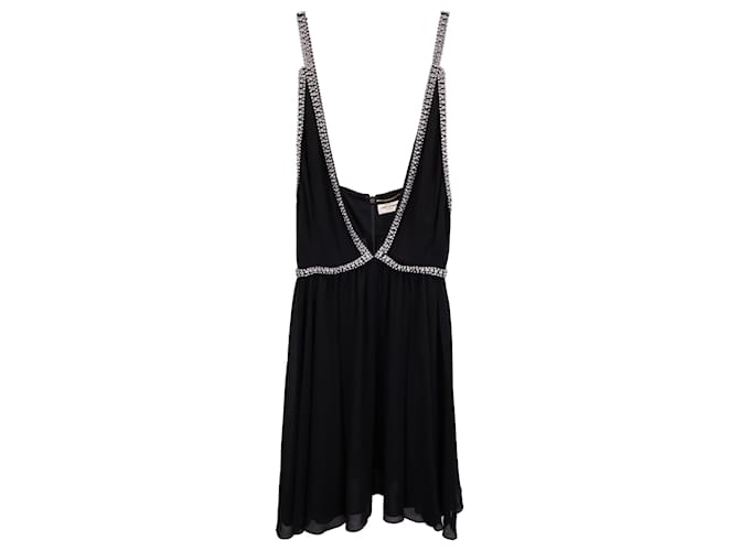 Saint Laurent Mini-robe ornée à col en V en mousseline noire  ref.1376764