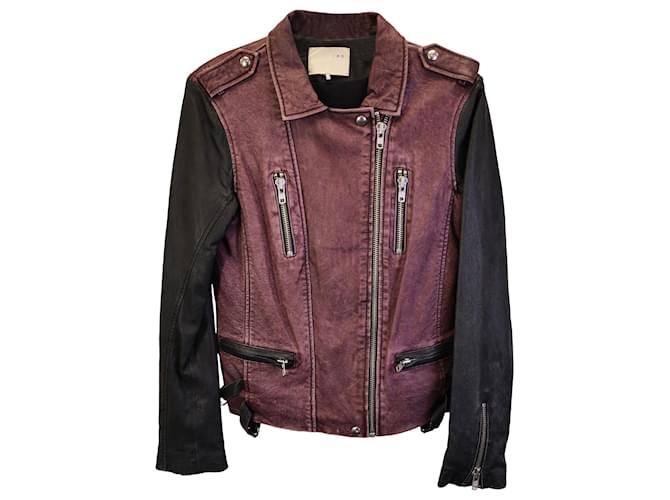 IRO Bicolor Moto Jacket in Burgundy and Black Leather Dark red  ref.1376768