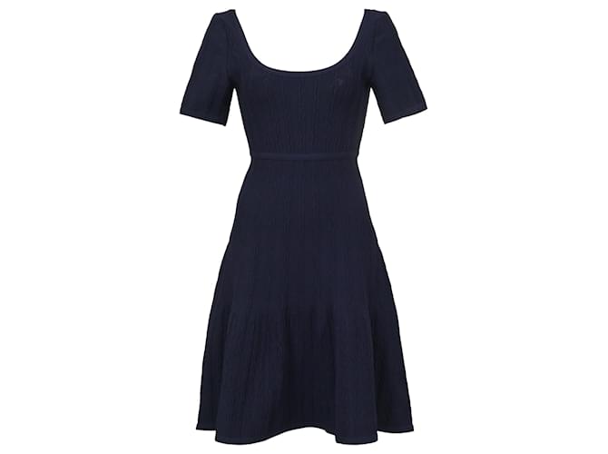 Herve Leger Scooped Neck Dress in Navy Wool Blue Navy blue  ref.1376773