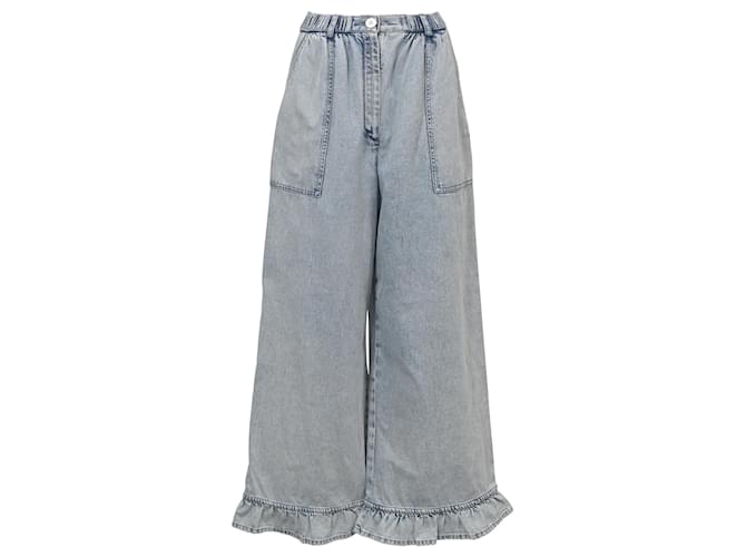 Chanel Jeans com bainha larga e babados em algodão azul claro  ref.1376778