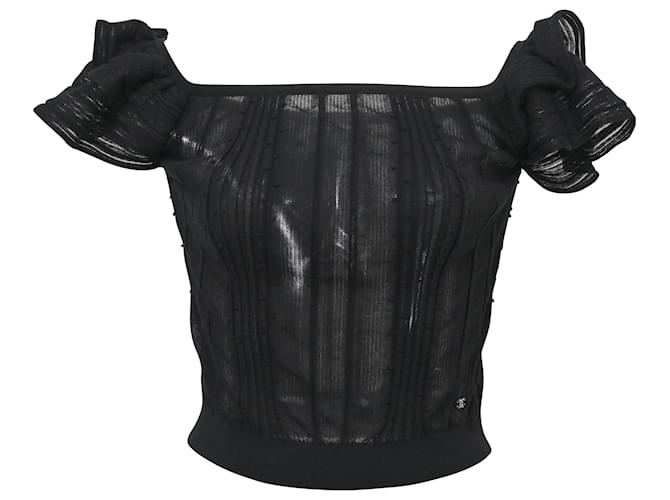 Timeless Blusa Chanel com babados sem ombros em algodão preto  ref.1376786