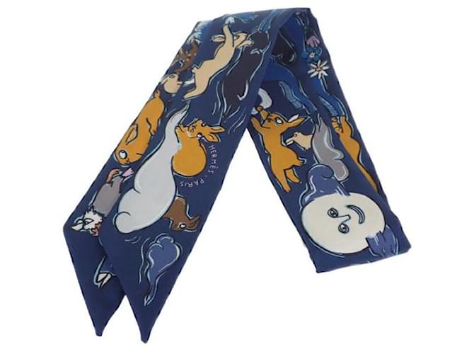 Hermès Hermes Silk Mille Et Un Lapins Twilly Scarf Canvas Scarf in Excellent condition Cloth  ref.1376855