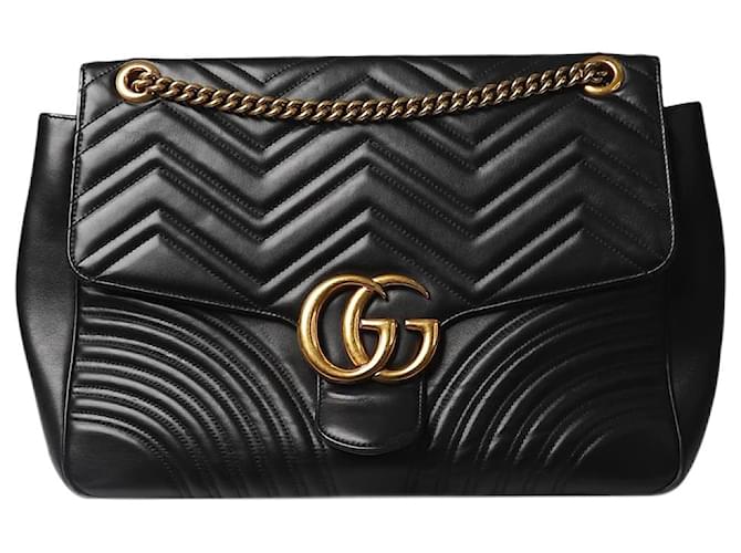 Gucci Große GG Marmont-Überschlagtasche aus schwarzem Leder  ref.1377005