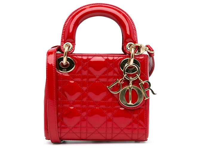 Dior Red Mini Patent Cannage Lady Dior Leather Patent leather  ref.1377109