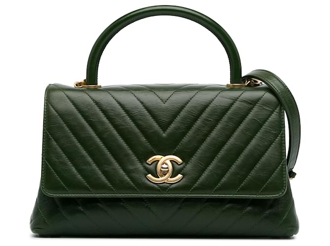 Chanel Green Medium Aged Calfskin Chevron Coco Handle Bag Dark green Leather Pony-style calfskin  ref.1377125