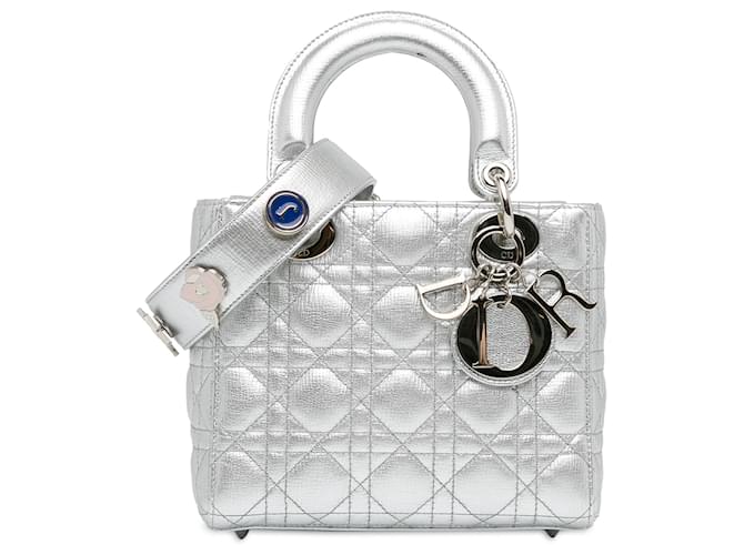 Dior Silver Small Metallic Grained Calfskin Cannage Lucky Badges My Lady Dior Silvery Leather Pony-style calfskin  ref.1377159