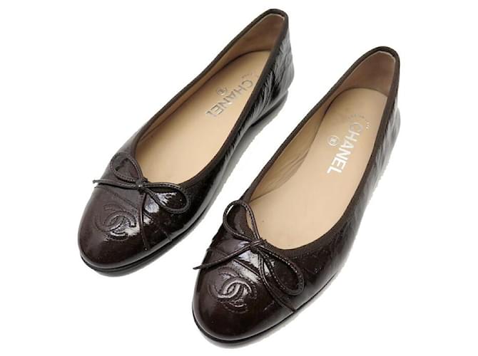 CHAUSSURES CHANEL BALLERINES G02819 LOGO CC 36 CUIR MARRON LEATHER SHOES Cuir vernis  ref.1377785