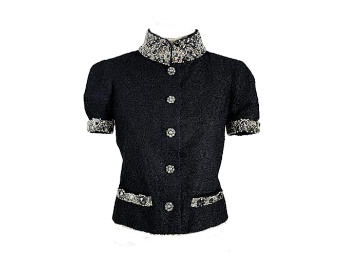 Chanel Jaqueta de tweed preta adornada com joia extremamente rara Preto  ref.1377903